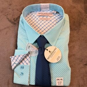 Nick Graham Turquoise Pattern Stretch Dress Shirt & Tie Set Mens XXL 18-18.5 New